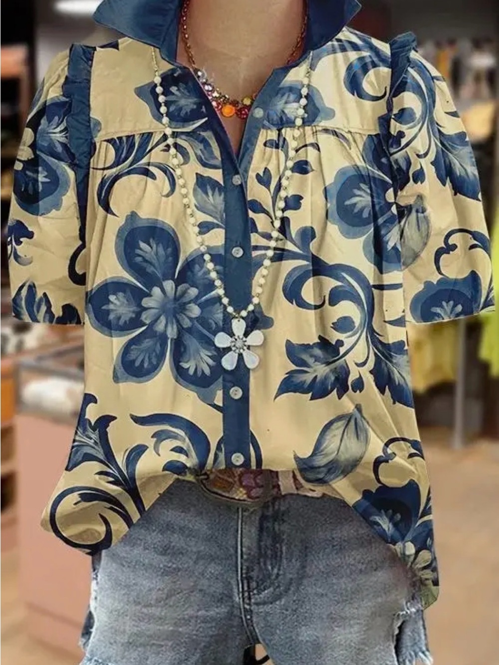 Blue Floral Button-Front Women’s Blouse